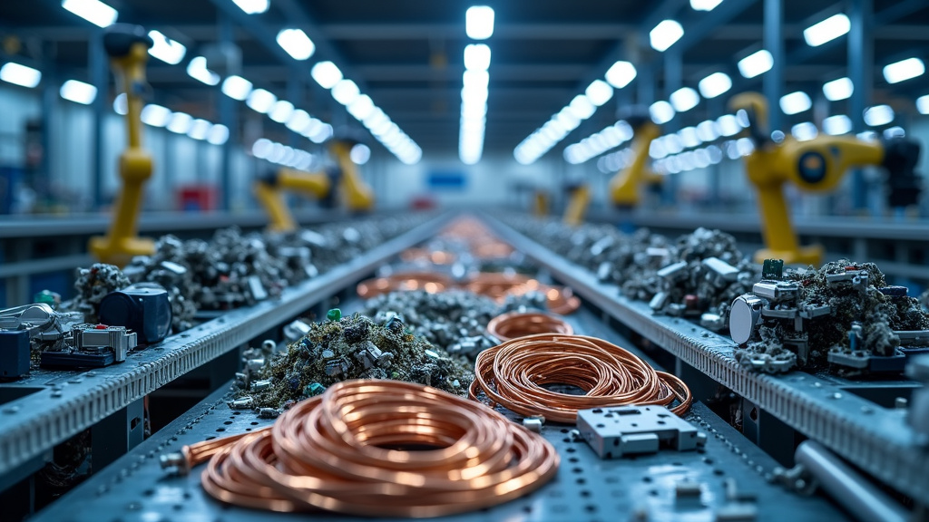 A professional photorealistic image of a modern recycling facility interior with an automated sorting line and robotic arms.