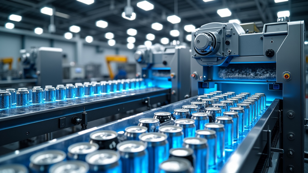 A modern recycling facility interior with advanced sorting technology featuring conveyor belts and robotic arms.