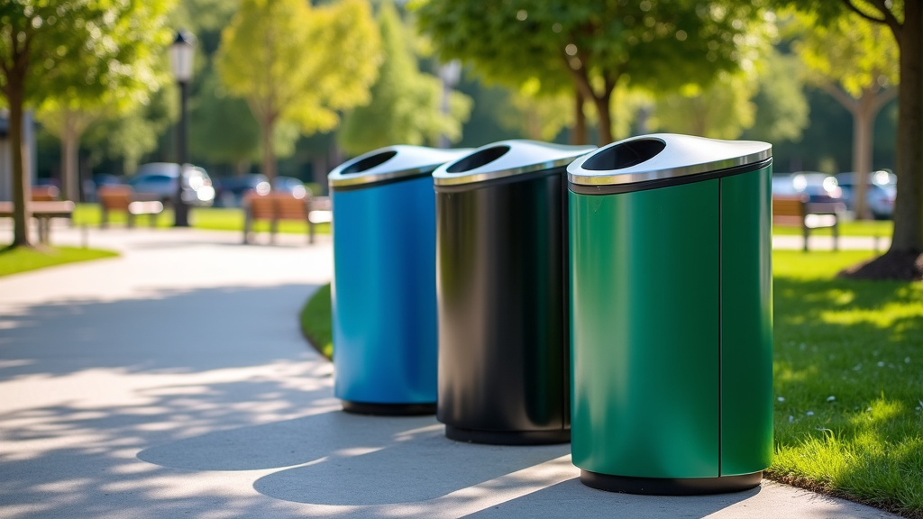 A modern recycling station featuring blue, black, and green bins in a sunlit park.