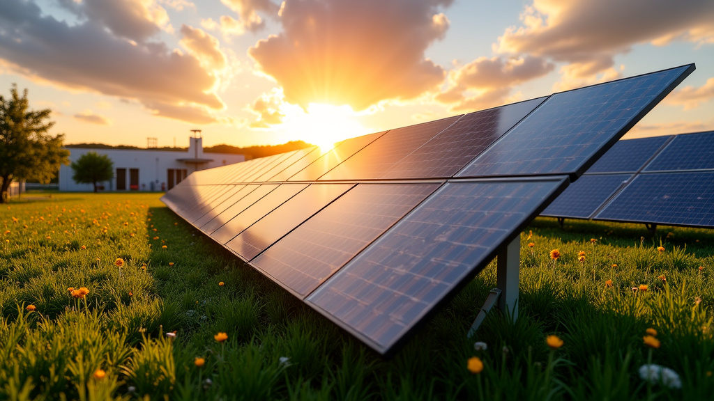 Photorealistic image of solar panel installation with recycling symbols reflected on panels.