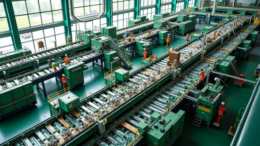 A modern waste sorting facility with organized conveyor belts sorting recyclables.