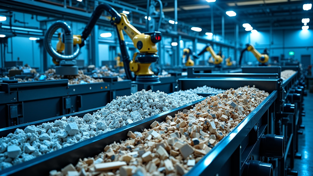 A modern waste sorting facility with robotic arms processing construction debris.