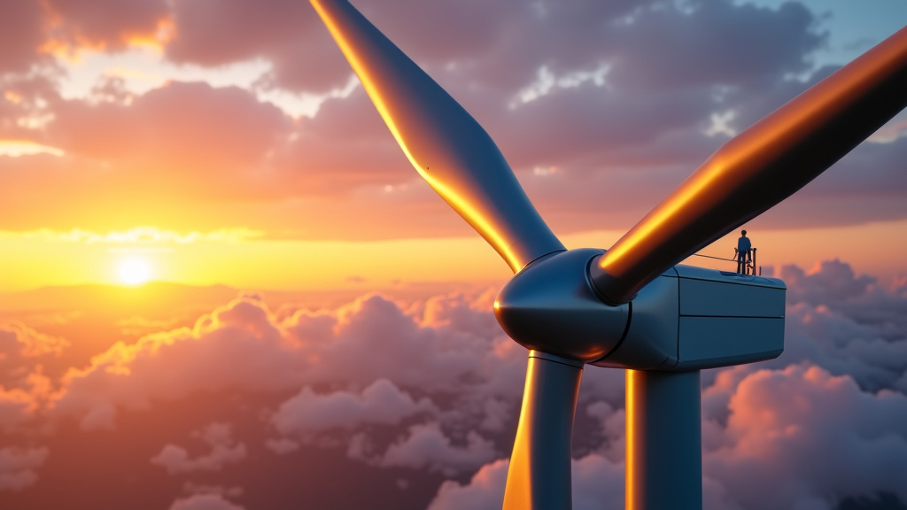 Close-up of a sleek, modern wind turbine blade with metallic sheen against a sunset sky.