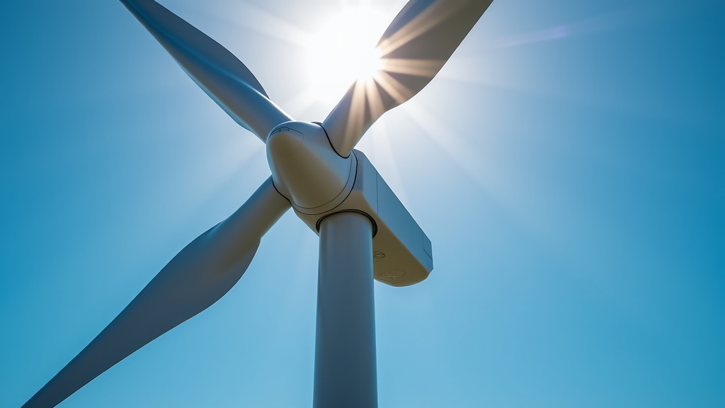 A close-up shot of a sleek, modern wind turbine blade against a blue sky.