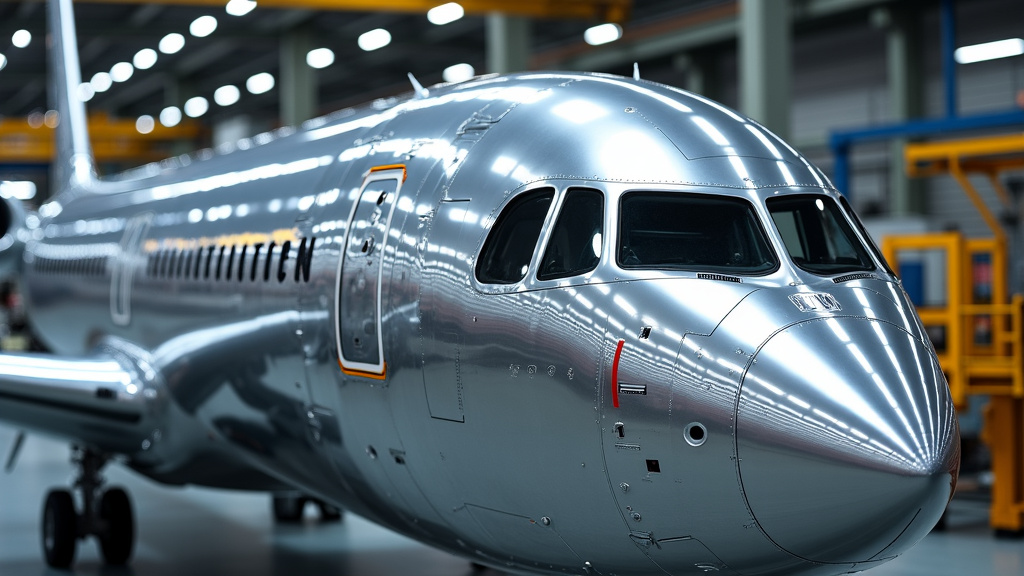 A sleek, modern commercial aircraft fuselage under construction with aluminum panels being assembled in a bright factory.