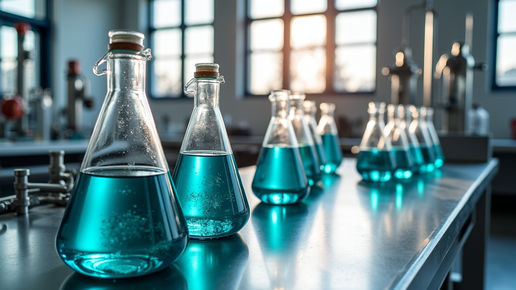 A modern industrial laboratory with glass vessels of blue-green solutions and electrowinning equipment in the background.