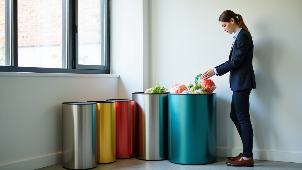 Modern office with color-coded recycling bins and young professional sorting recyclables