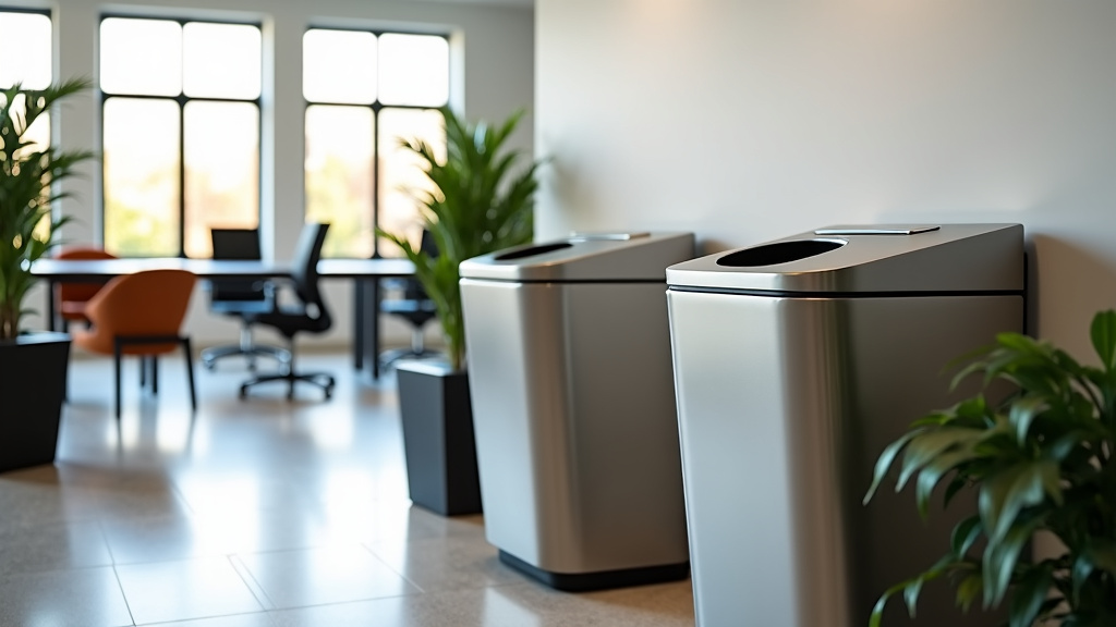 A modern office break room with sleek recycling stations and natural light.