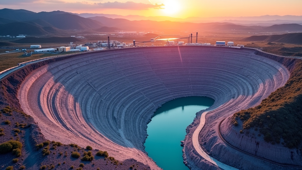 Aerial view of a modern rare earth mining facility at sunset with colorful mineral deposits.