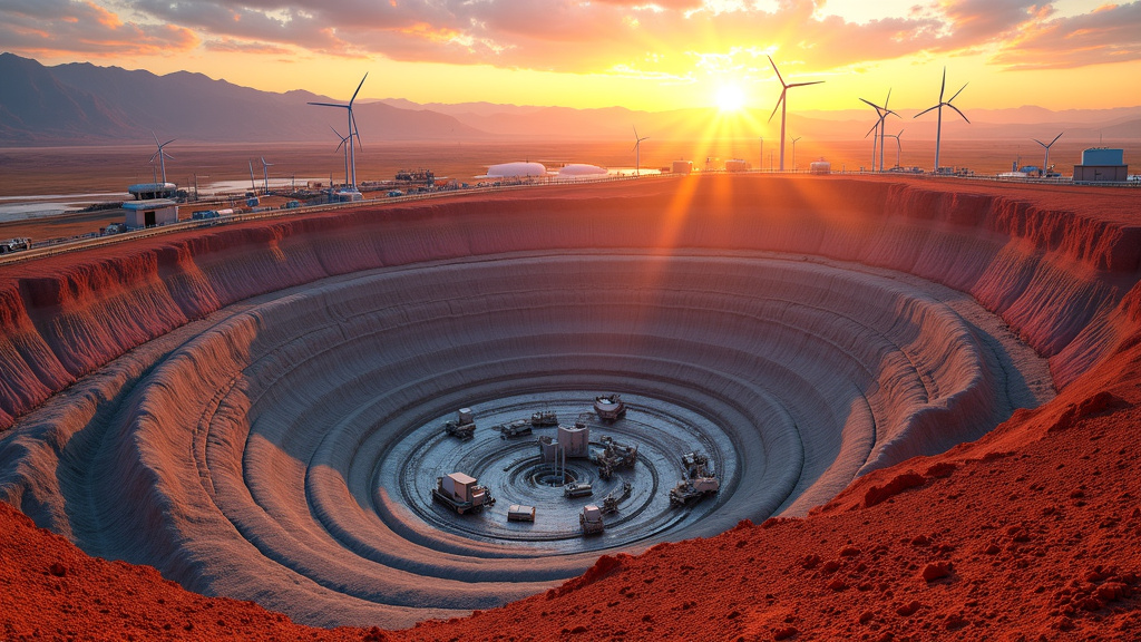 Aerial view of a modern rare earth mining facility at sunset with excavators and mining terraces in vibrant mineral-rich soil.