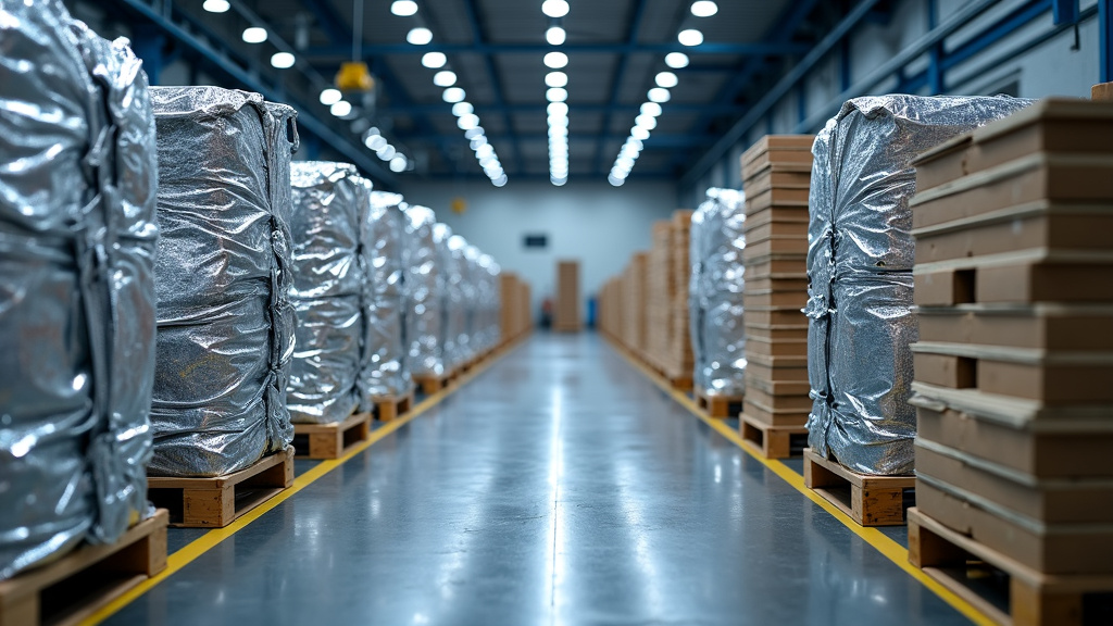 A professional photo of a modern recycling facility interior showcasing compressed aluminum bales and organized stacks of cardboard and plastic under industrial lighting.