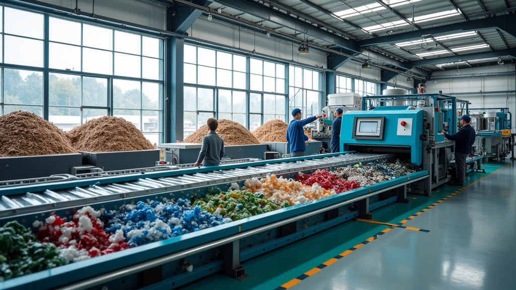 Modern recycling facility interior with advanced sorting machinery and conveyor belts processing recyclable materials