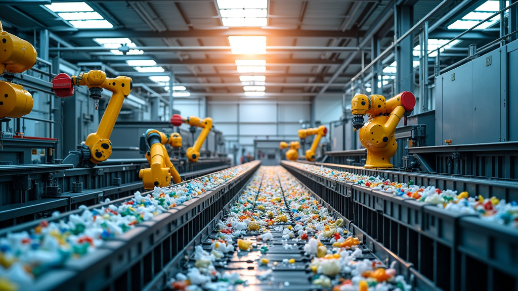 Interior of a modern recycling facility with robotic sorting arms and conveyor belts processing materials.