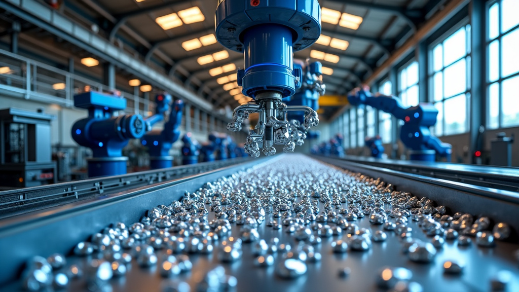 Interior of a modern recycling facility with industrial machinery sorting aluminum scrap and robotic arms sorting different types of metal.