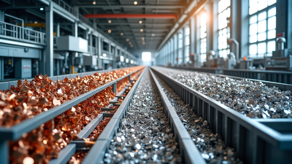 Interior of a metal recycling facility featuring sorted metal materials and automated sorting equipment.