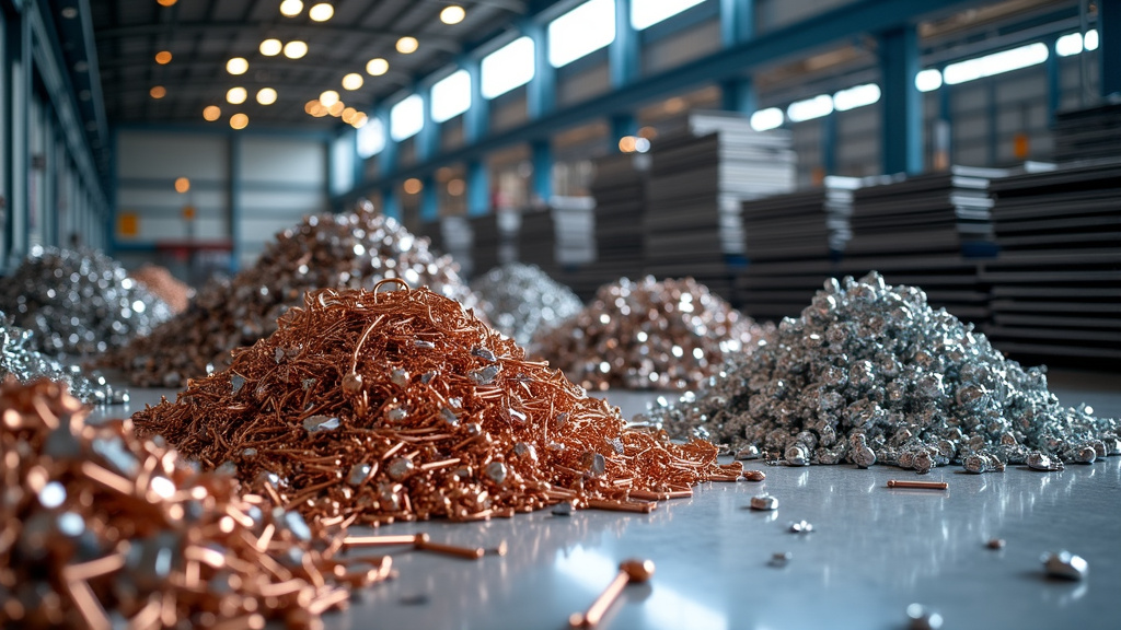 A modern recycling facility interior with organized piles of scrap metal and sorting machines.