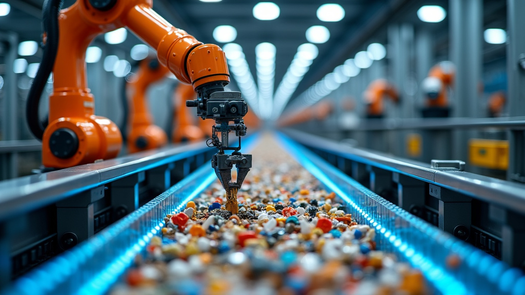 A modern recycling facility with robotic arms sorting materials on a conveyor belt.