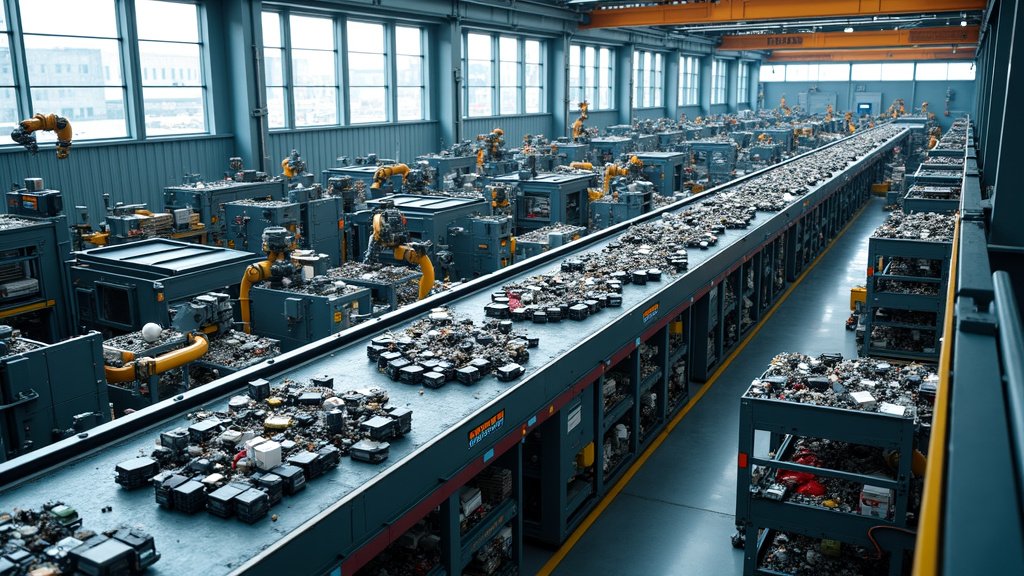 Aerial view of a modern recycling facility processing electronic waste with conveyor belts and automated systems.