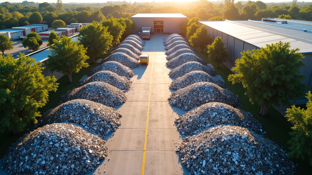 A photorealistic aerial view of a modern recycling facility showcasing organized piles of scrap metal under sunlight.