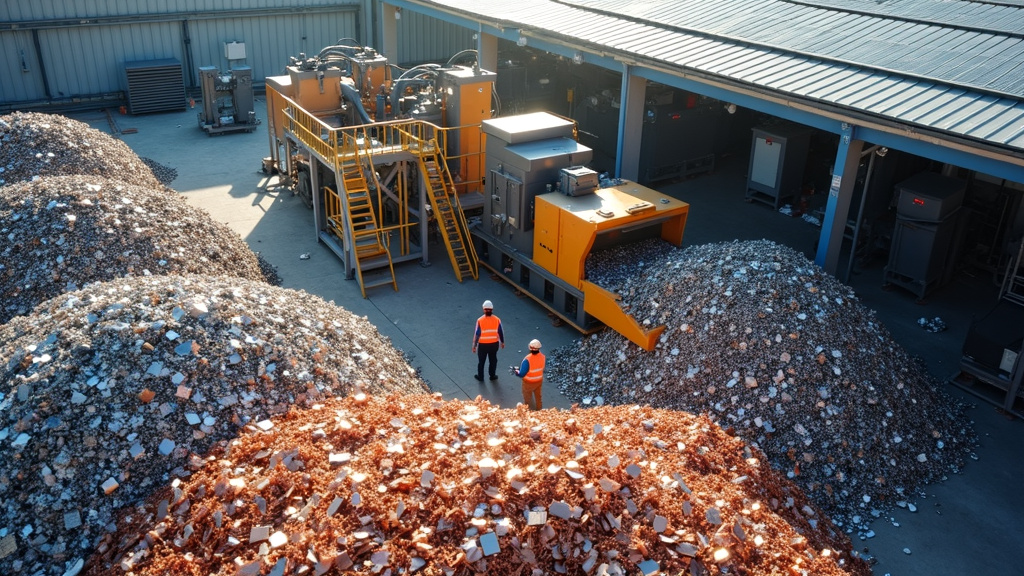 Aerial view of a modern recycling facility with sorted metal materials and industrial machinery under natural lighting.