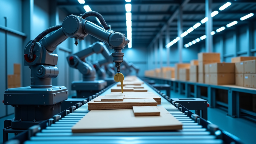 A modern recycling facility interior with robotic arms sorting cardboard on a conveyor belt under blue LED lighting.