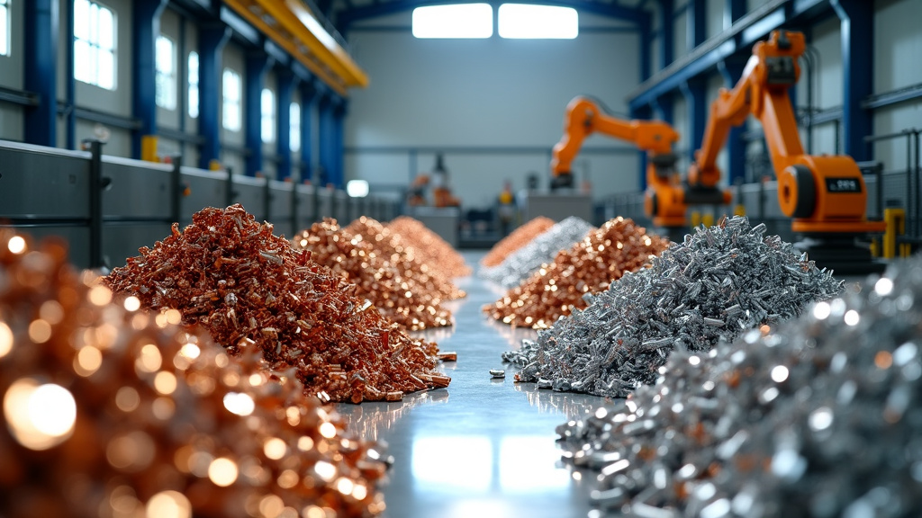 A high-angle photorealistic shot of a modern recycling facility interior showing sorted metal materials.