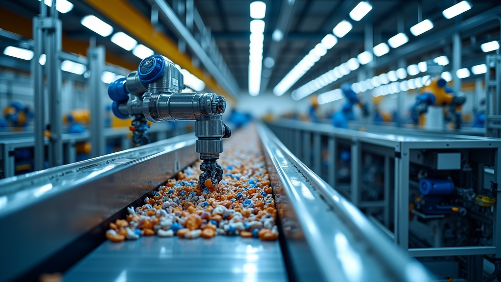 Interior of a high-tech recycling facility featuring robotic arms and sorting equipment.