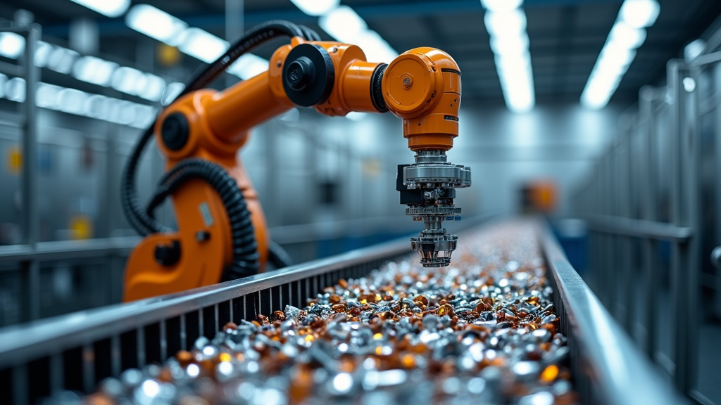 A modern robotic arm with sensors over a conveyor belt of scrap metals in a recycling facility.