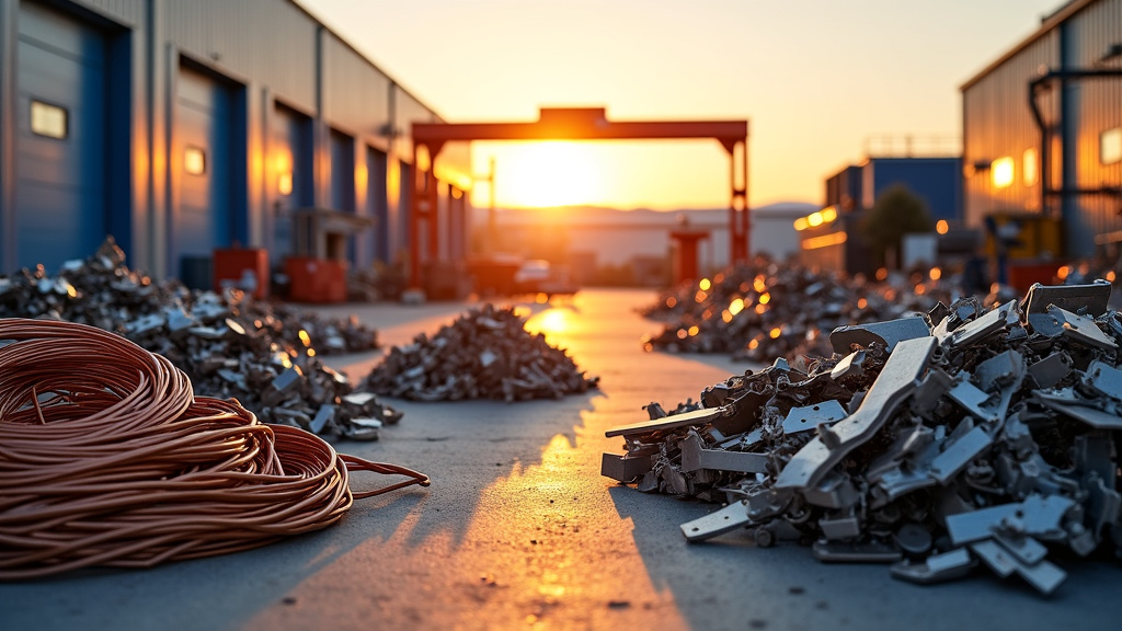 A professional photo of a modern scrap metal recycling yard during golden hour with neatly sorted metal piles.