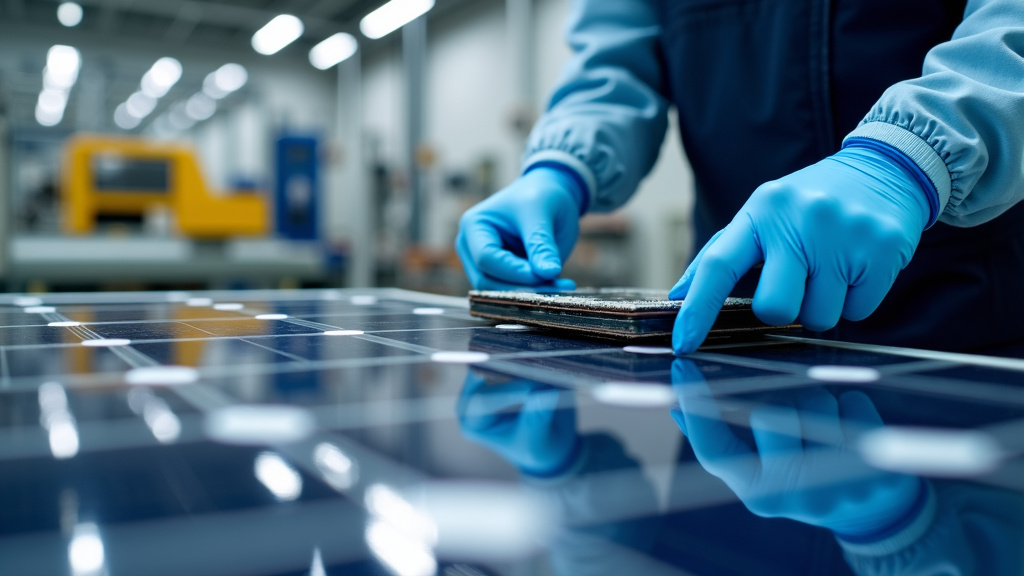 A close-up of a solar panel being dismantled in a recycling facility with technician's hands visible.