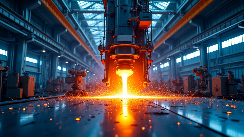 A dramatic, photorealistic shot of a modern steel recycling facility interior with an Electric Arc Furnace.