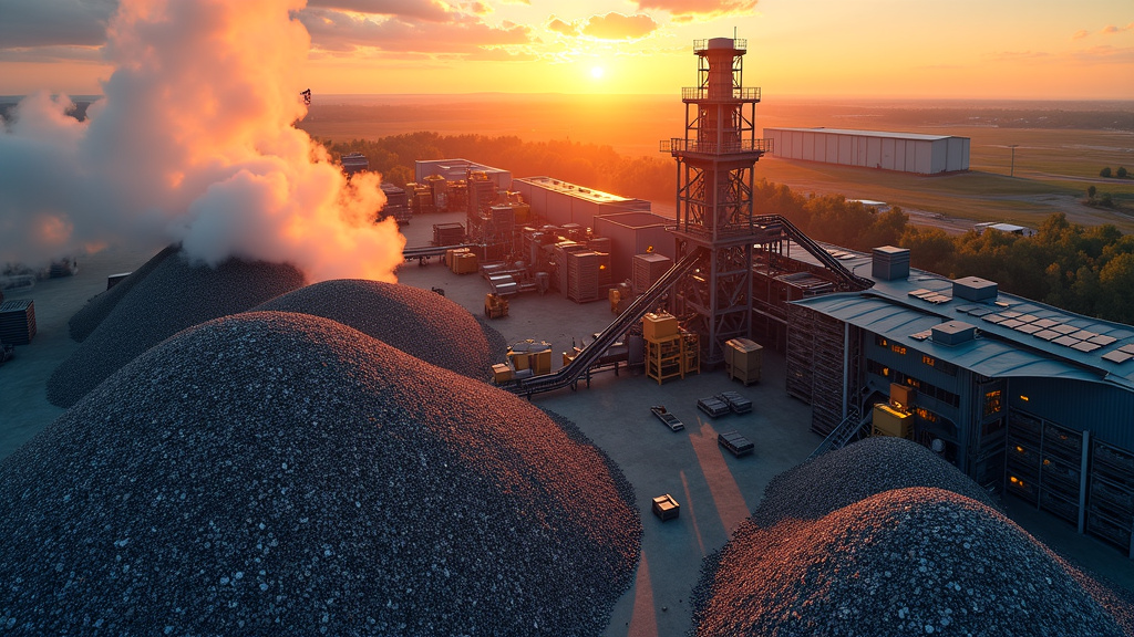 Aerial view of a high-tech steel recycling facility at sunset with gleaming piles of scrap steel and solar panels.