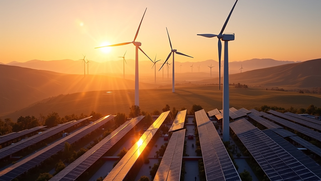 Aerial view of a modern sustainable energy landscape featuring wind turbines and solar panels at sunset.