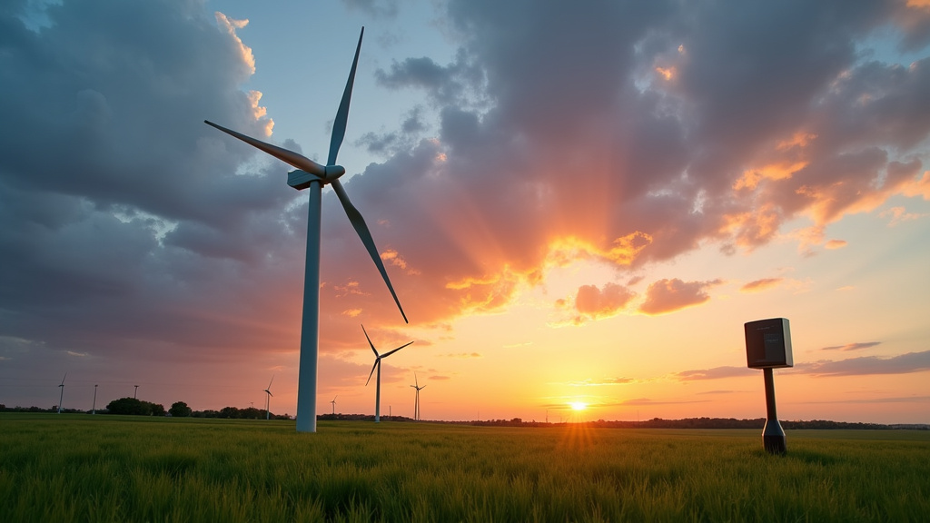 A sleek wind turbine against a sunset sky with neodymium magnets on the blades.