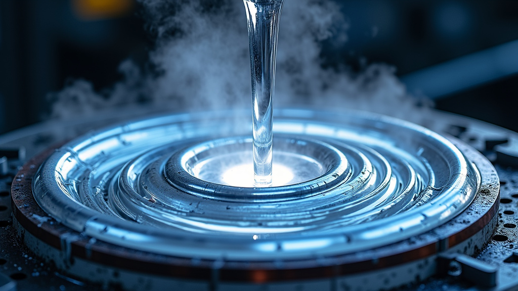 Close-up of molten aluminum being poured in a circular pattern, creating a silver spiral against a dark background.