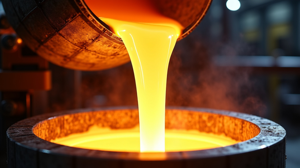 A close-up shot of molten aluminum being poured, glowing bright orange-white, showcasing reflective patterns and industrial smoke.