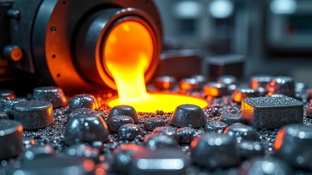 A close-up of molten aluminum being poured from a crucible with metallic blocks nearby.