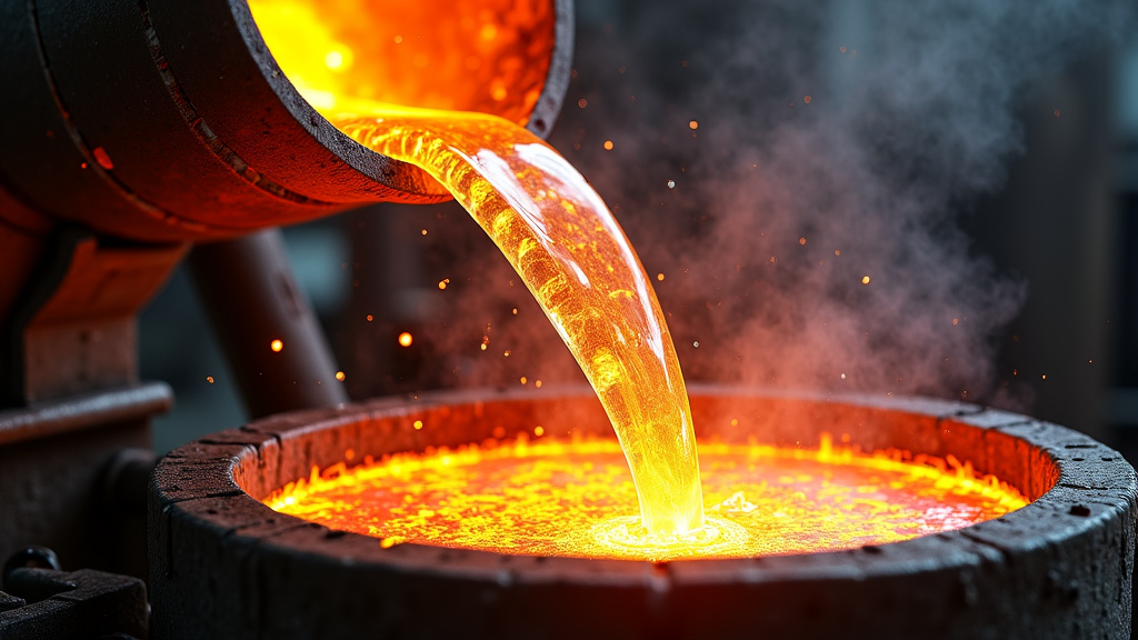 A close-up of molten aluminum being poured from a crucible, highlighting the silver-orange flow against a dark background.