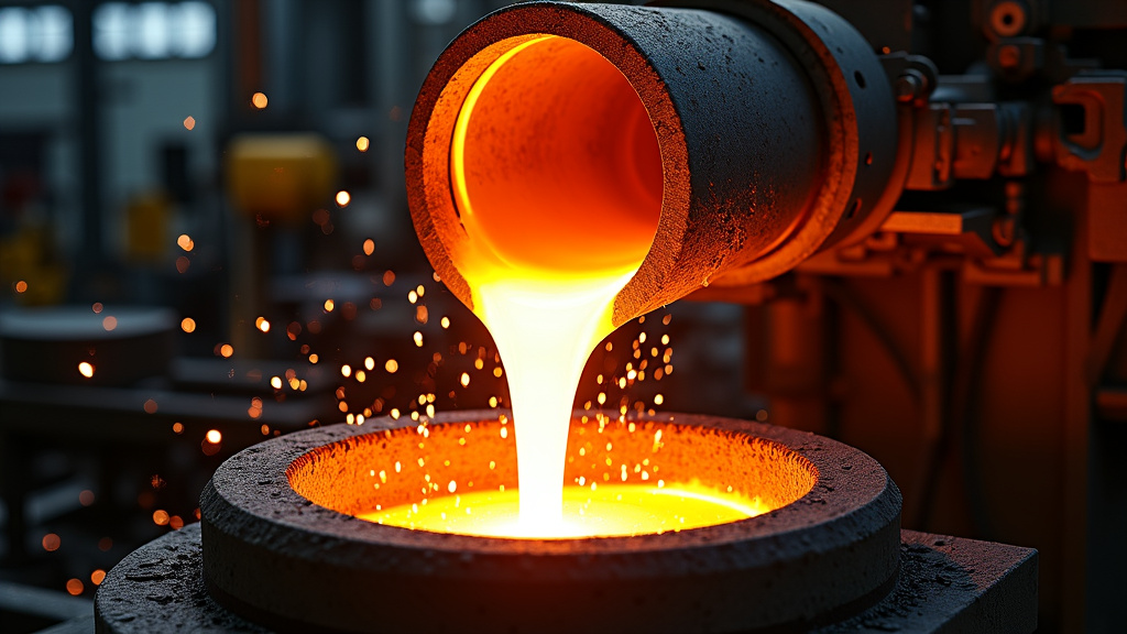 A close-up of molten metal being poured from a crucible, glowing bright orange-white against a dark background, with sparks flying.