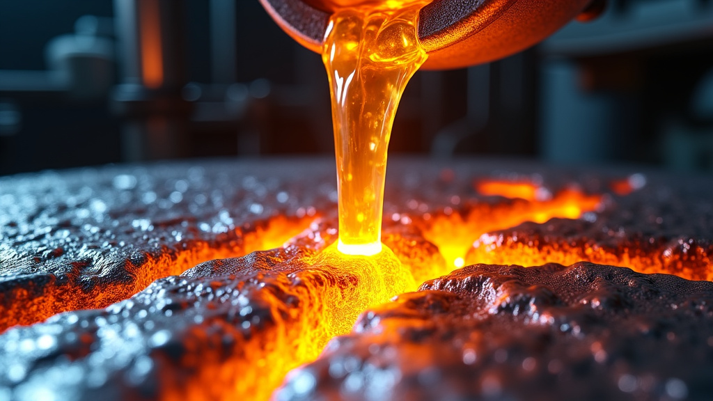 A hyper-realistic close-up of molten metal being poured, showing streams of silver and copper alloys with dynamic flow patterns.