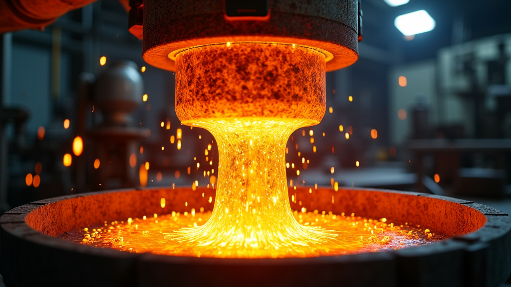 A close-up of molten metal being poured from an industrial crucible, glowing bright orange against a dark background with sparks flying.