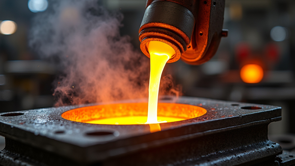 A close-up shot of molten metal being poured into a mold with vibrant orange and gold colors reflecting off polished steel surfaces.