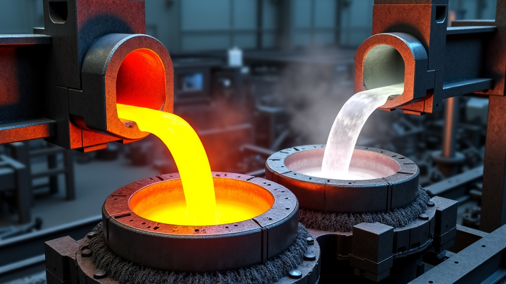 A high angle view of molten metal being poured into molds, showcasing orange and silvery streams in an industrial recycling setting.