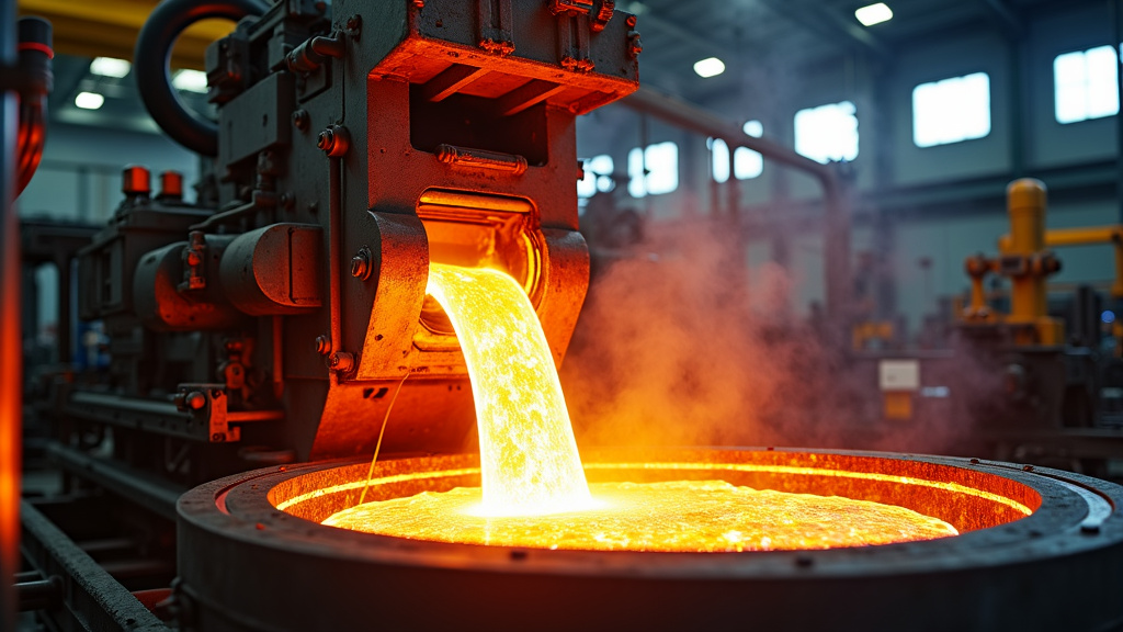 Close-up shot of molten metal being poured in a modern recycling facility with industrial equipment in the background.