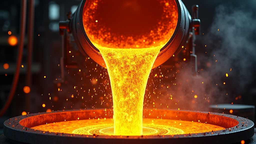 Close-up of molten recycled steel being poured from an industrial ladle.