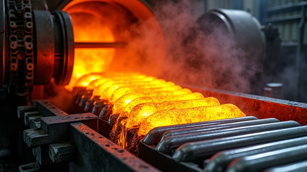 Dramatic industrial scene of molten steel being continuously cast.