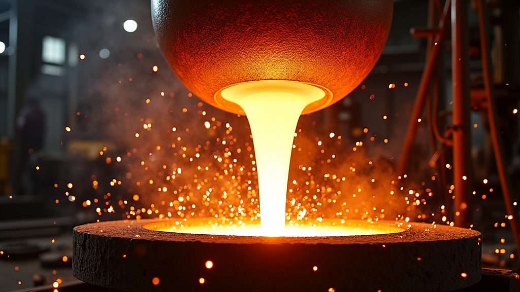 A close-up of molten steel being poured from a ladle, showcasing glowing liquid metal against a dark background.