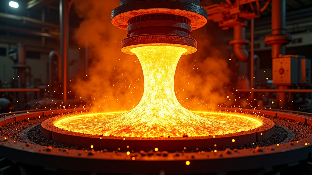 Molten steel being poured from an electric arc furnace, glowing bright orange-white amidst dark industrial background.