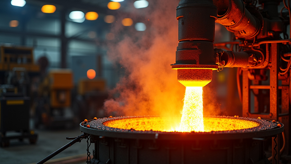 A dramatic industrial photograph of molten steel being poured from a large crucible in a modern recycling facility, glowing bright orange against a dark background.