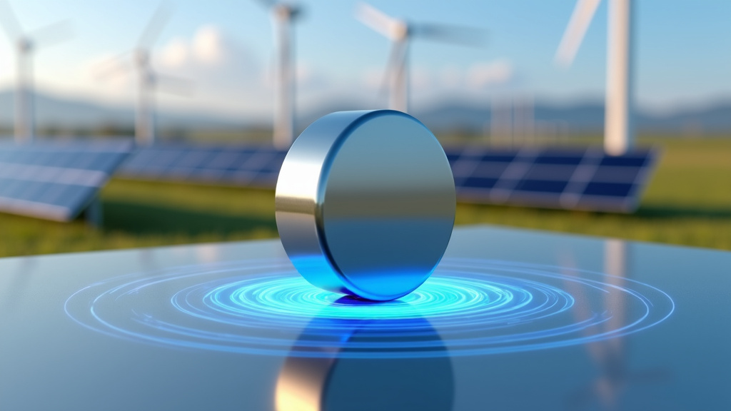 A close-up view of a modern neodymium magnet above a polished surface with a blue glow, surrounded by artistic bokeh of wind turbines and solar panels.